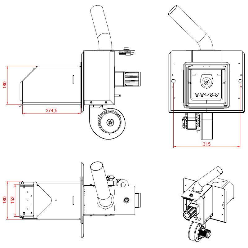Габаритные размеры пеллетных горелок NBE Burner 60