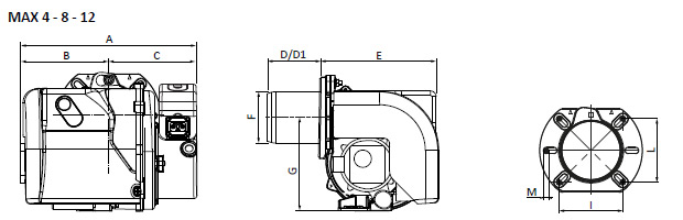 Габаритные размеры горелок дизельных Ecoflam MAX 4 / MAX 8 / MAX 12