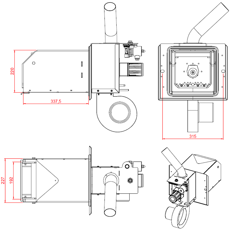 Габаритные размеры пеллетных горелок NBE Burner 120